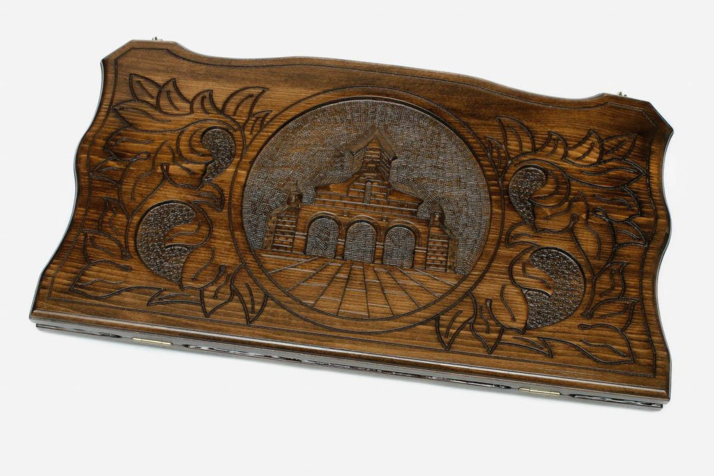Armenian backgammon set carved with St. Gayane church