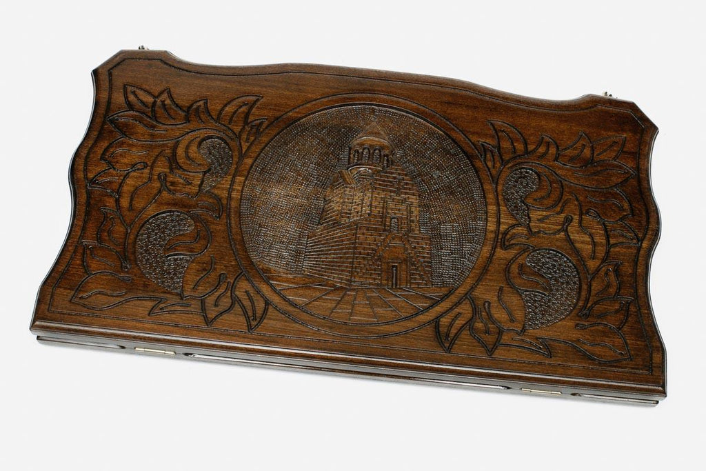 Armenian backgammon set carved with Noravank monastery