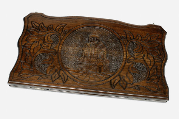 Armenian backgammon set carved with Noravank monastery