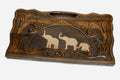 Carved beechwood backgammon board with a family of elephants and a carry handle, propped open