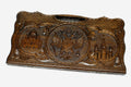 Carved beechwood backgammon board with three Russian landmark carvings and a carry handle, propped open