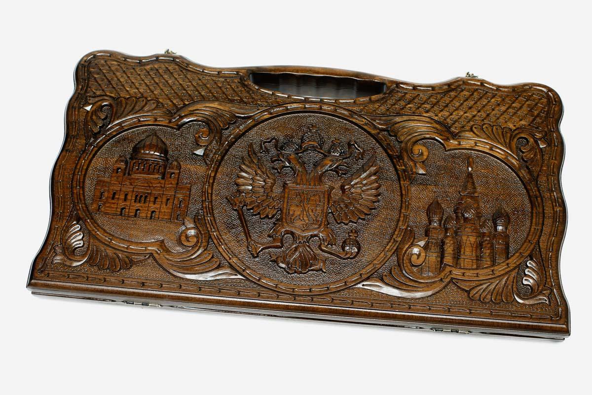 Carved beechwood backgammon board with three Russian landmark carvings and a carry handle, propped open