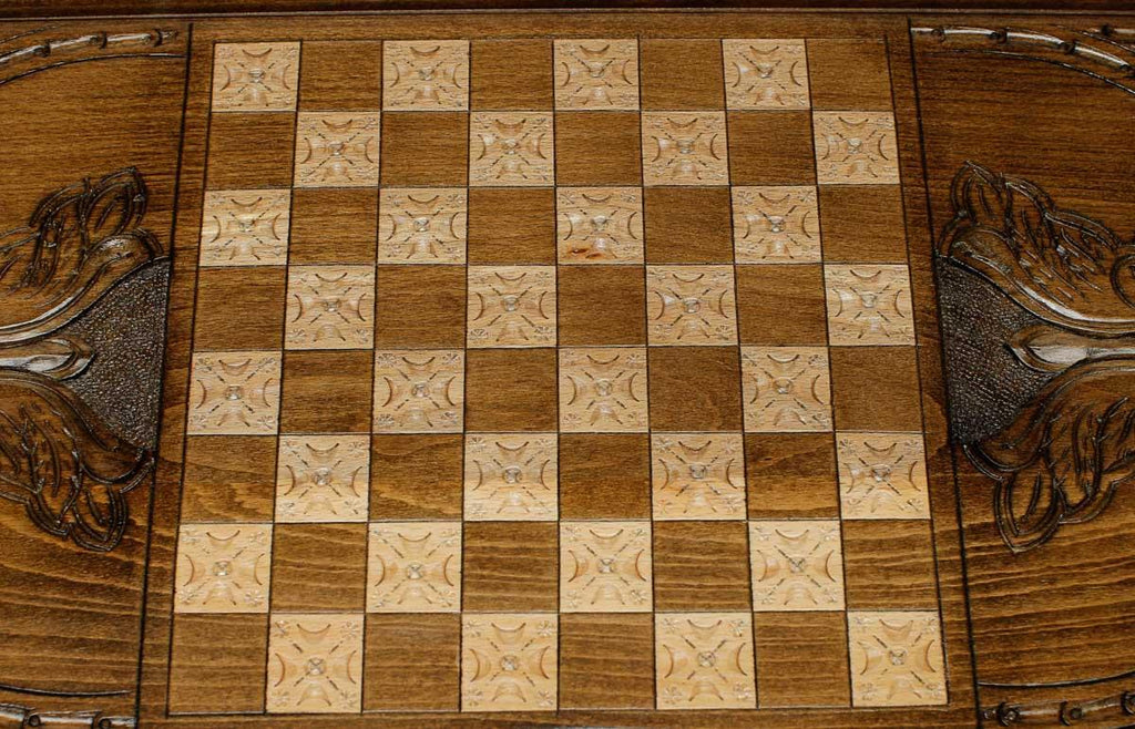 Angled view of the Russian landmarks carved backgammon board