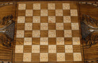 Angled view of the Russian landmarks carved backgammon board