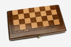 Classic travel chess set folded with bronze hinges and clasps