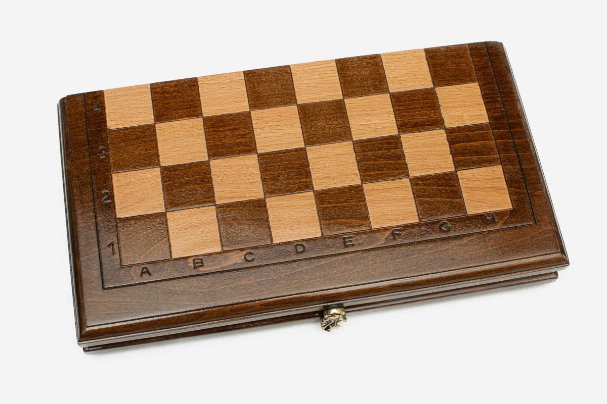 Classic travel chess set folded with bronze hinges and clasps