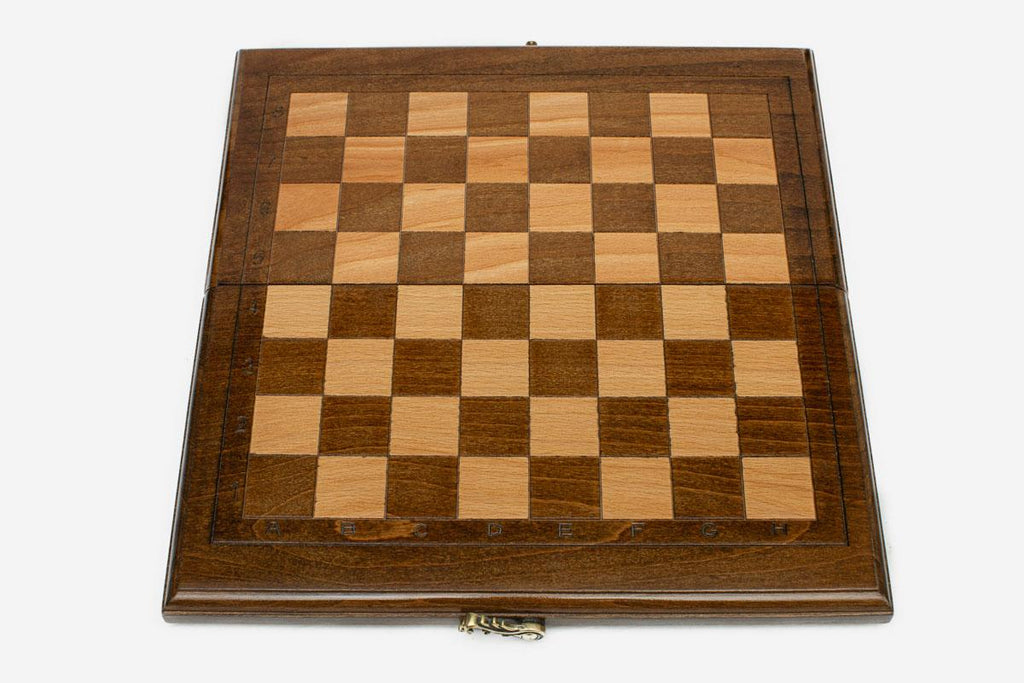 Handmade wooden chess set open to the 11.8 inch / 30 cm playing field