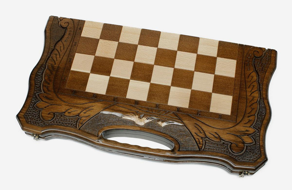 Luxury Armenian chess backgammon set with pieces, checkers, dice and carrying bag