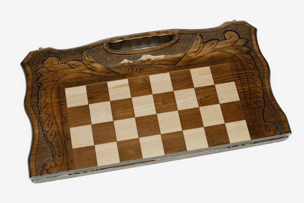 Grand Ararat chess and backgammon set folded with bronze hinges and clasps
