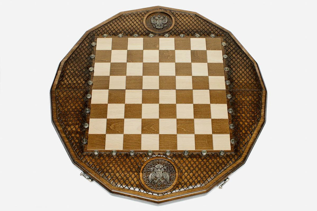 Overhead view of the lattice-carved twelve-sided board and the full bronze army