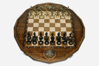 Luxury twelve-sided Russian chess set with an inlaid double-headed eagle and ornate bronze pieces set up for play