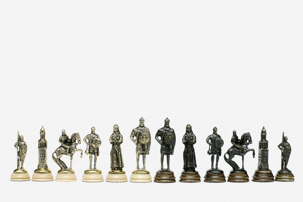 The twelve-sided carved chess board shown with both bronze armies in place