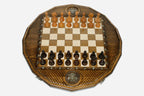 Luxury twelve-sided Russian chess set with an inlaid double-headed eagle and turned wooden pieces set up for play
