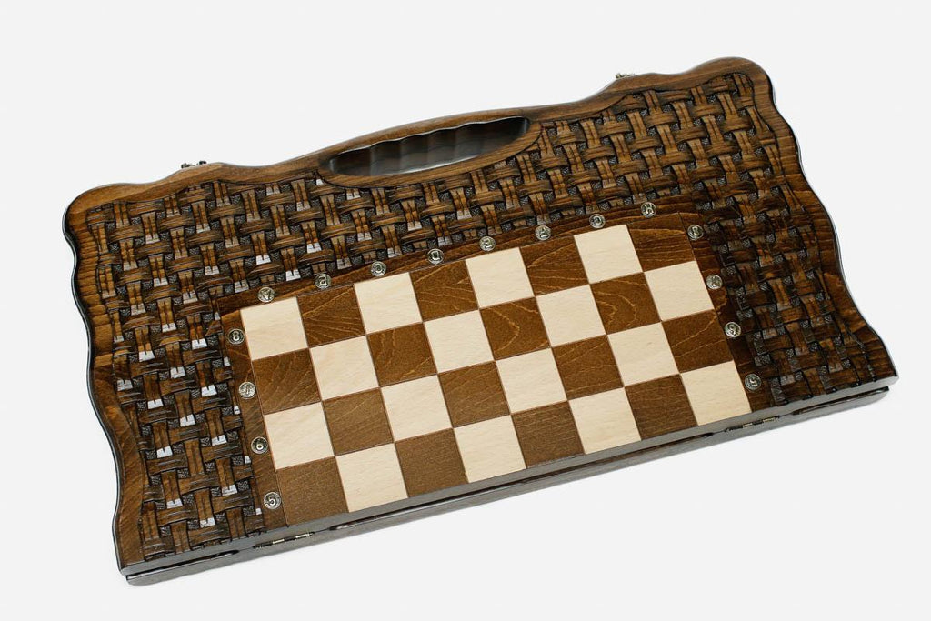 Lattice chess and backgammon set shown folded