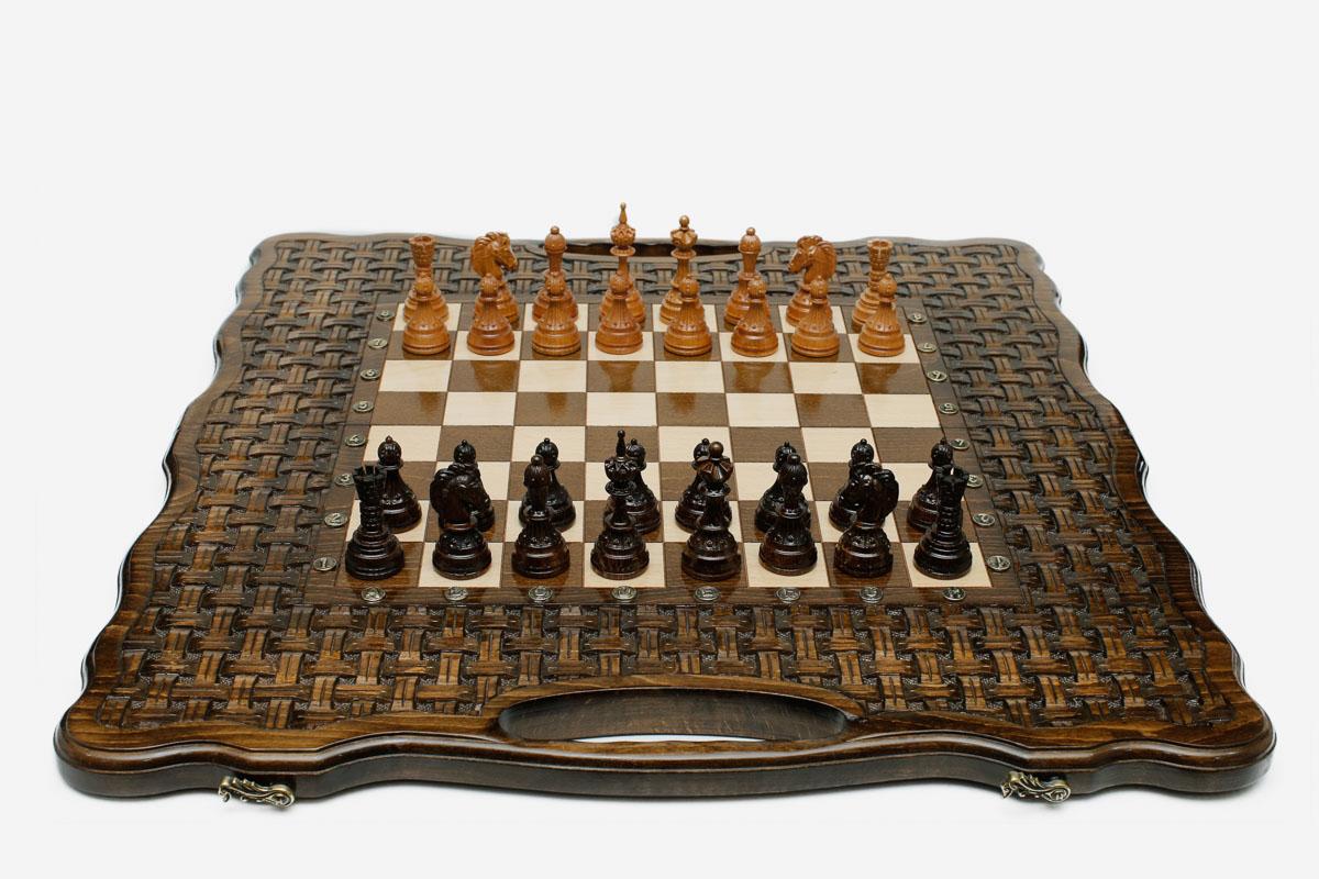 Lattice-carved folding board in solid beech with bronze clasps