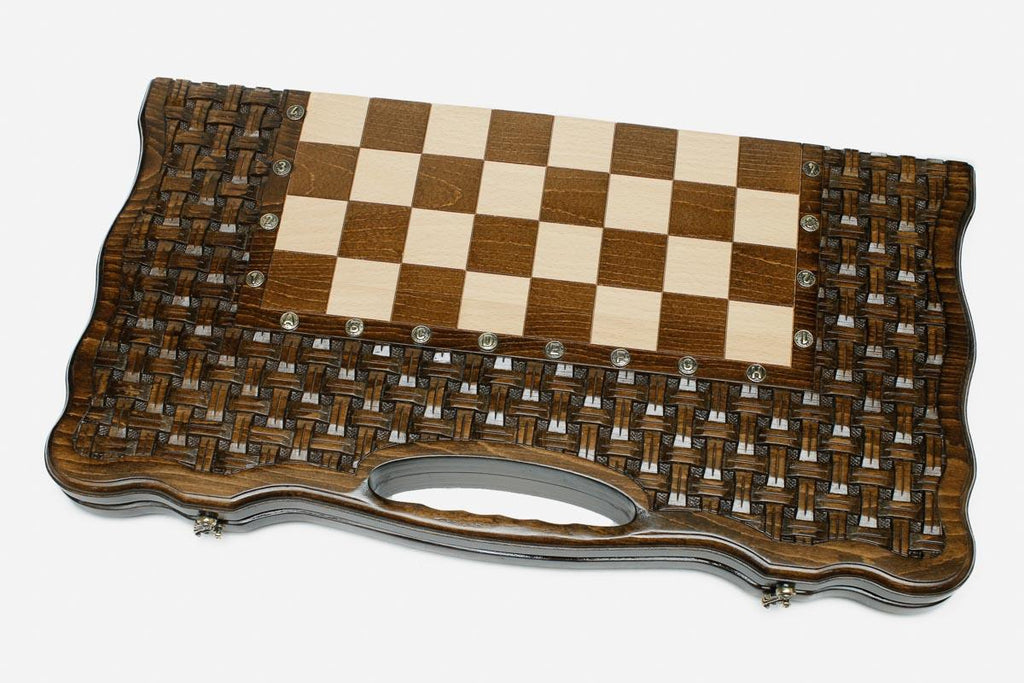 Hand-carved lattice board with bronze chess army
