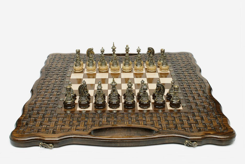 Luxury wooden chess backgammon set with bronze pieces