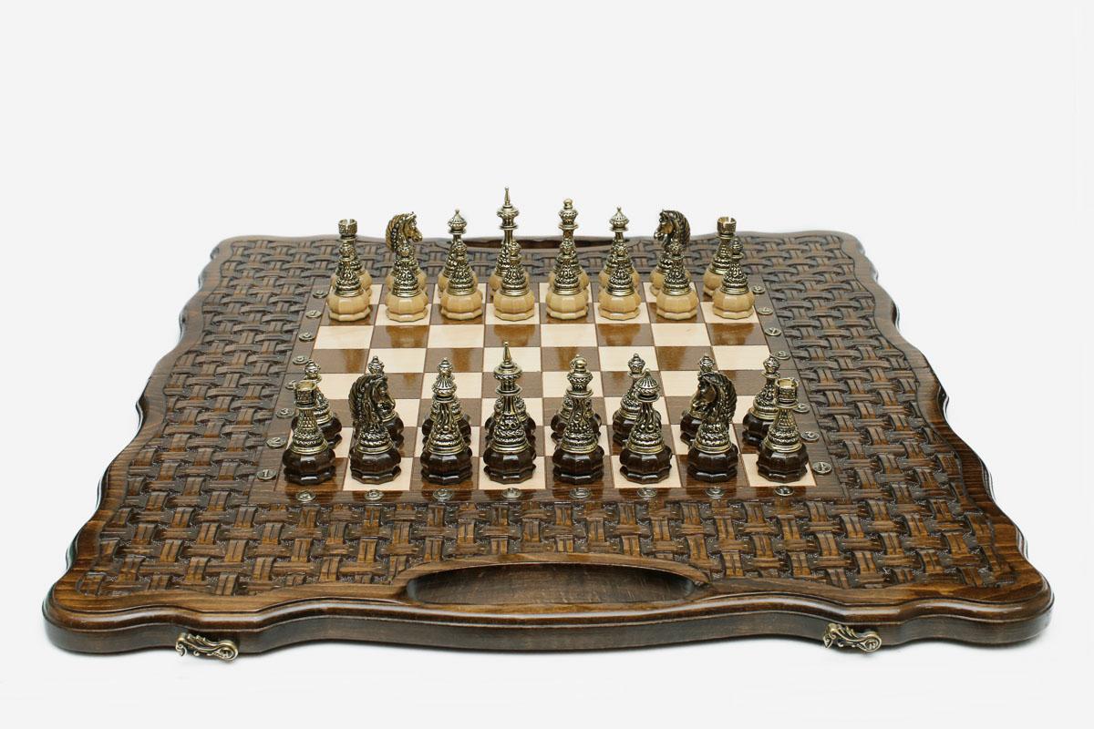 Luxury wooden chess backgammon set with bronze pieces