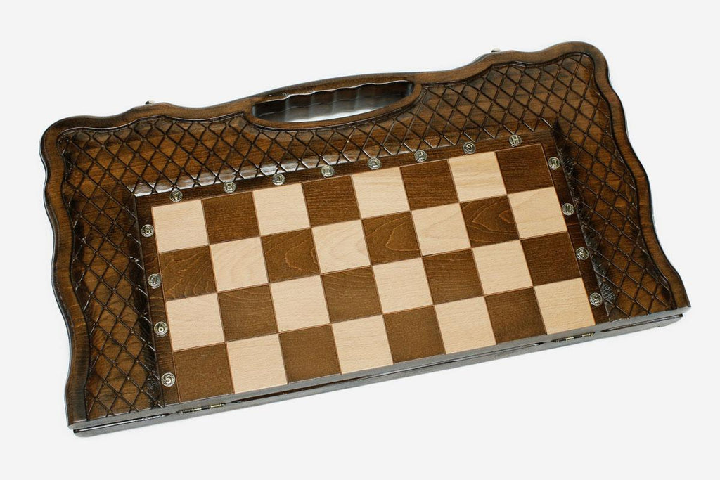 Lattice ornament chess and backgammon set shown folded