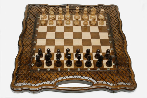 Luxury chess backgammon set with hand-carved lattice ornament