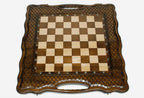 Close-up of the interlocking diamond carving on the beech frame