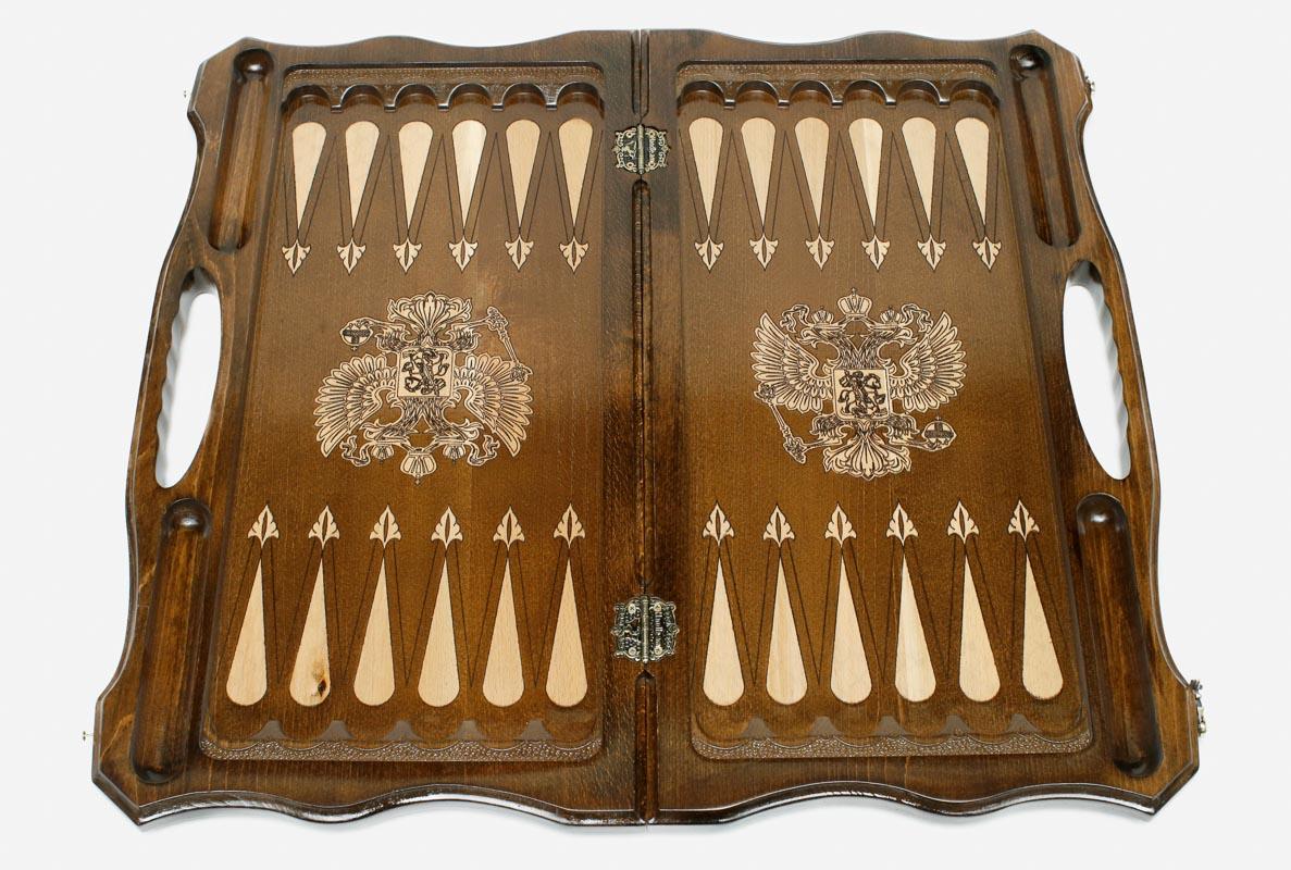 Close-up of the double-headed eagle carving on the beech board