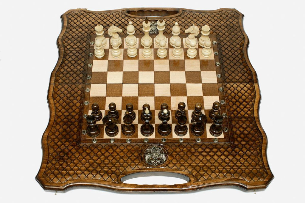 Luxury Russian chess set with the double-headed eagle carved at center