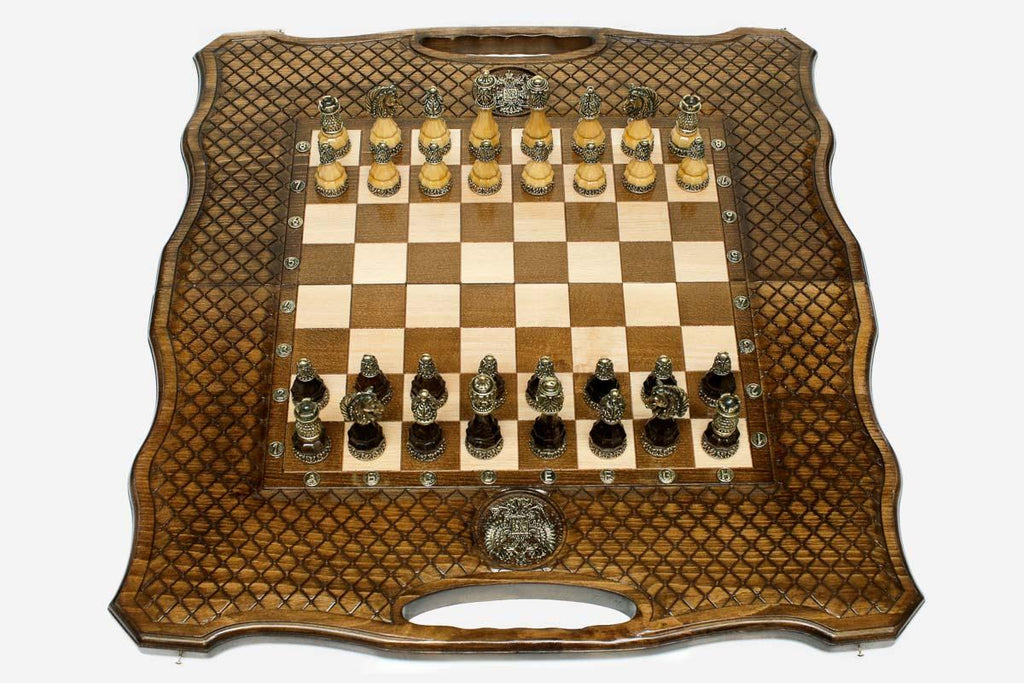 Luxury Russian chess set with bronze pieces and carved coat of arms