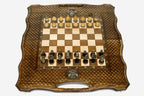 Luxury Russian chess set with bronze pieces and carved coat of arms