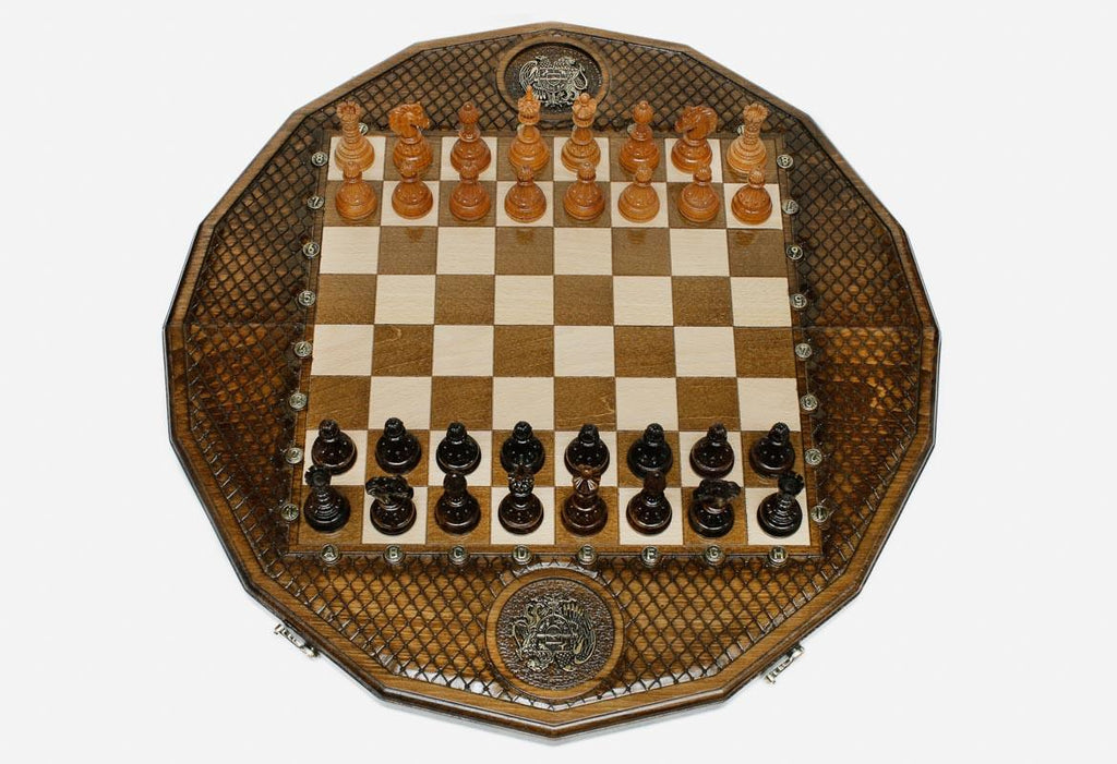 Detail of the inlaid Armenian coat of arms within the lattice-carved border