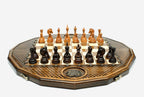 Luxury twelve-sided Armenian chess set with inlaid coat of arms and turned wooden pieces set up for play