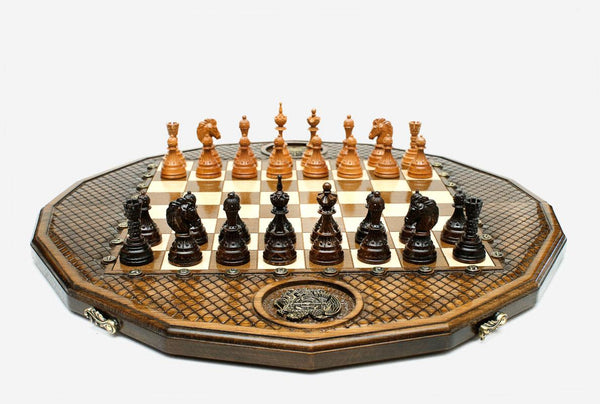 Luxury twelve-sided Armenian chess set with inlaid coat of arms and turned wooden pieces set up for play
