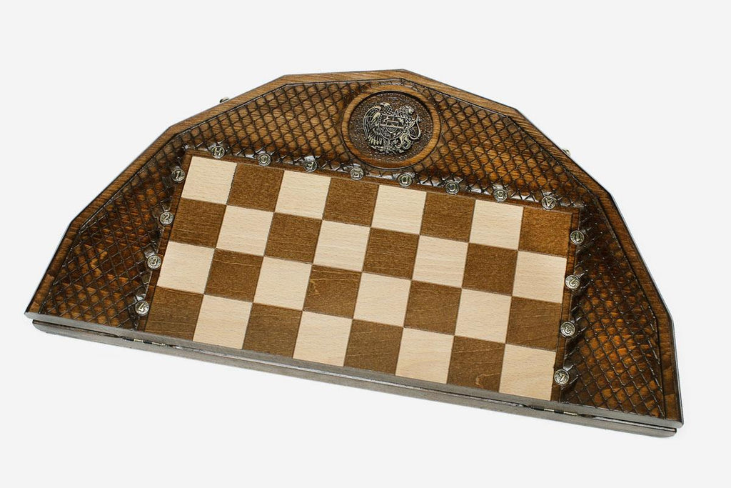 The 13 kg carved chess board shown with both bronze armies in starting position