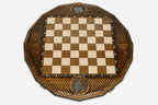 Overhead view of the lattice-carved board, inlaid coat of arms and full bronze army