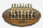 Luxury twelve-sided Armenian chess set with an inlaid coat of arms and ornate bronze pieces set up for play