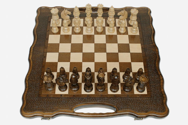 Luxury chess backgammon set with a hand-carved classic border