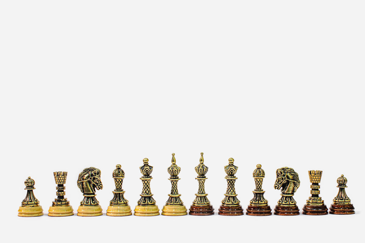 Decagon chess table with figural bronze pieces - full view