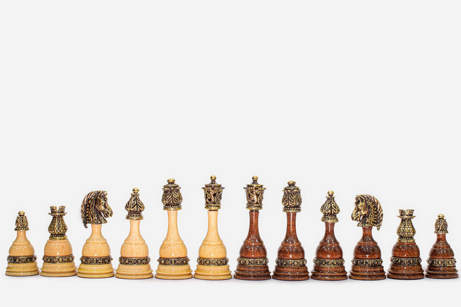 Classic wooden chess table with bronze pieces - full view