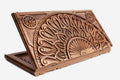 Master-carved walnut backgammon board with a grand fan ornament and a carry handle, propped open