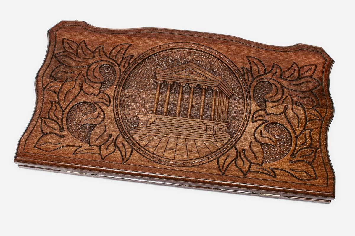 Armenian backgammon set carved with the Temple of Garni
