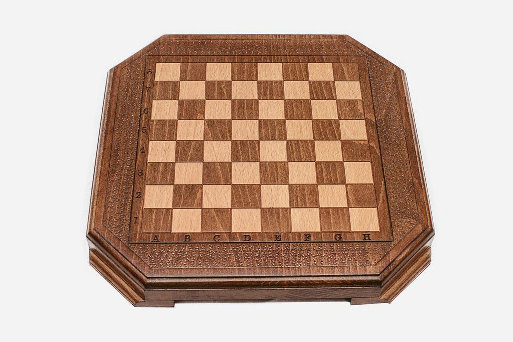 Handmade travel chess set with bronze clasps