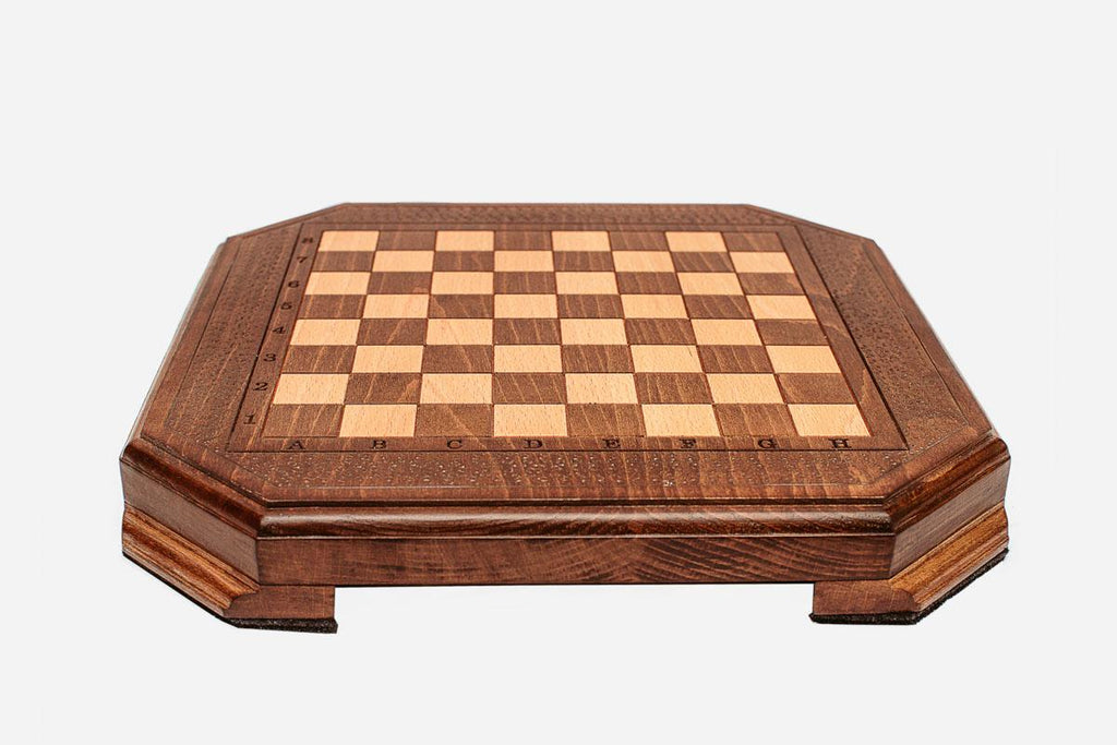 Classic travel chess set shown folded
