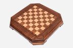 Wooden chess pieces in beech and walnut with the folding board