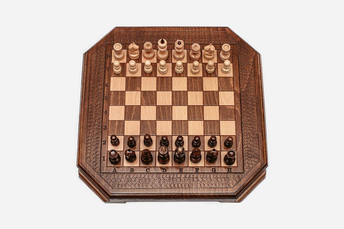 Travel chess set with hand-carved classic border in beech