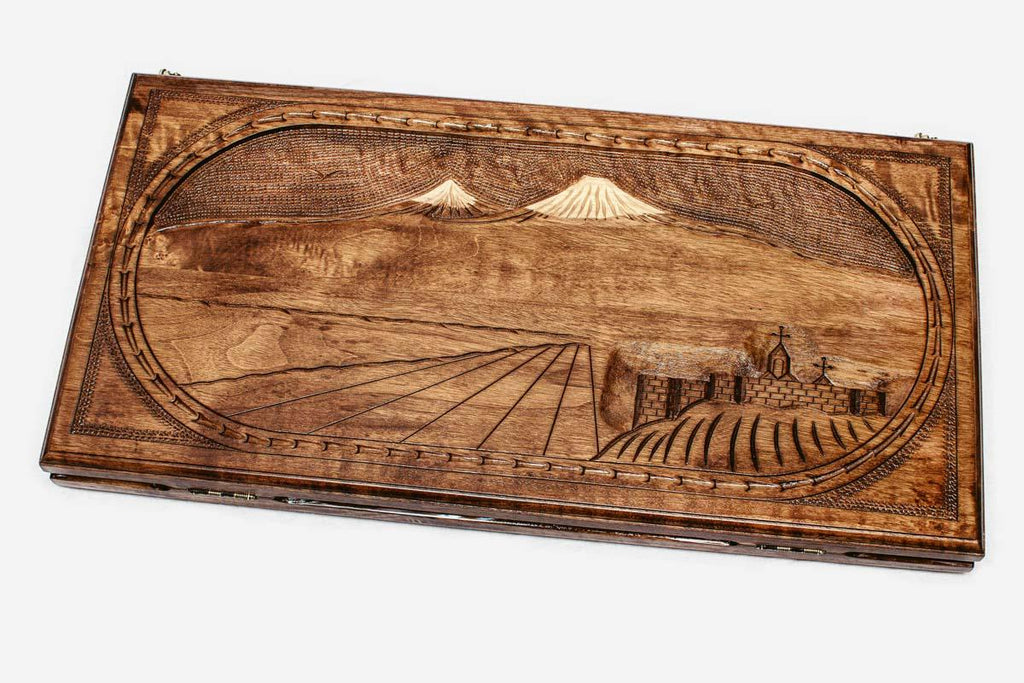 Armenian backgammon set carved with Mount Ararat over Yerevan