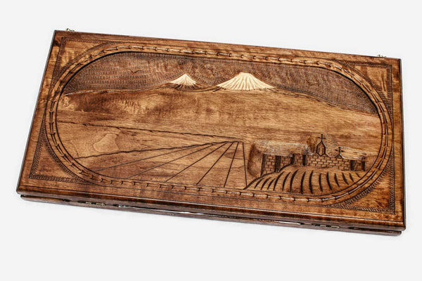 Armenian backgammon set carved with Mount Ararat over Yerevan