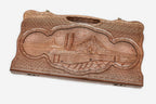 Carved walnut backgammon board with Mount Ararat and Khor Virap monastery and a carry handle, propped open