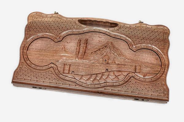Carved walnut backgammon board with Mount Ararat and Khor Virap monastery and a carry handle, propped open