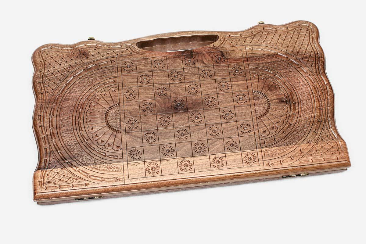 Angled view of the Ararat and Khor Virap walnut backgammon board