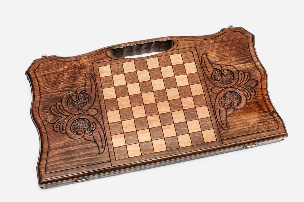 Angled view of the Mount Ararat carved backgammon board